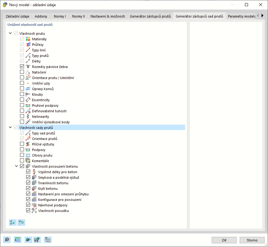 Dialog 'Nový model - základní údaje', záložka 'Generátor zástupců sad prutů'