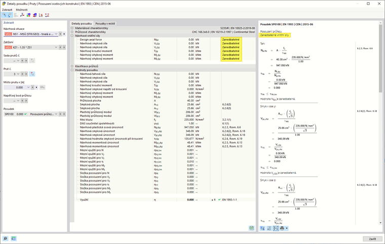 Posouzení oceli - Detaily posouzení pro zanedbatelné vnitřní síly a momenty