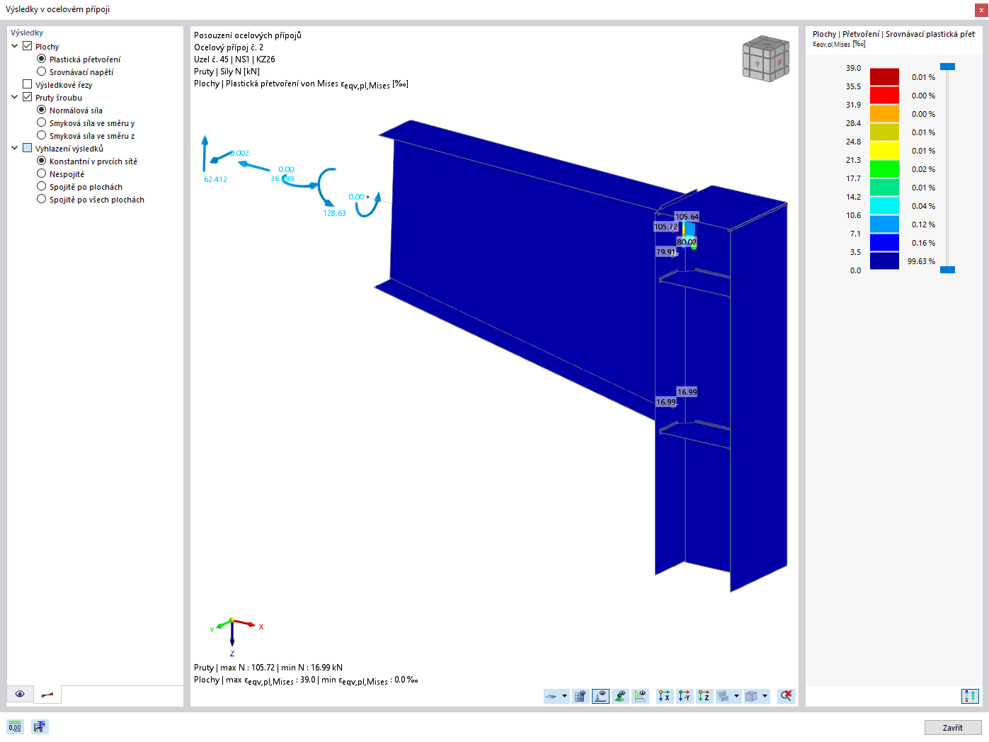 Výsledky v ocelovém přípoji