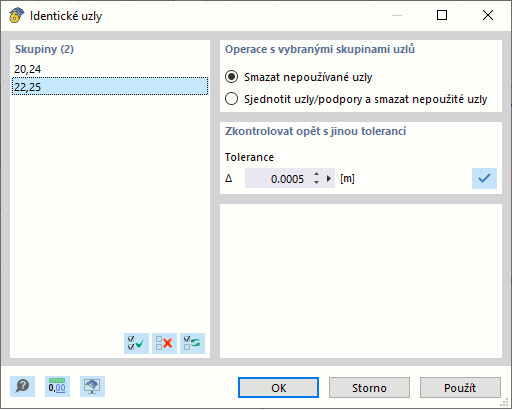 Výsledek kontroly modelu na identické uzly