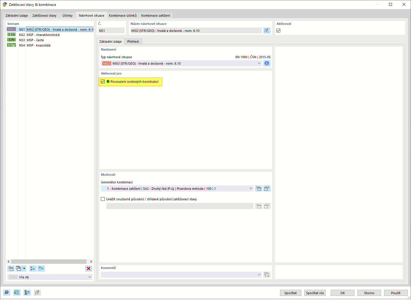 Aktivace návrhové situace pro posouzení ocelových konstrukcí