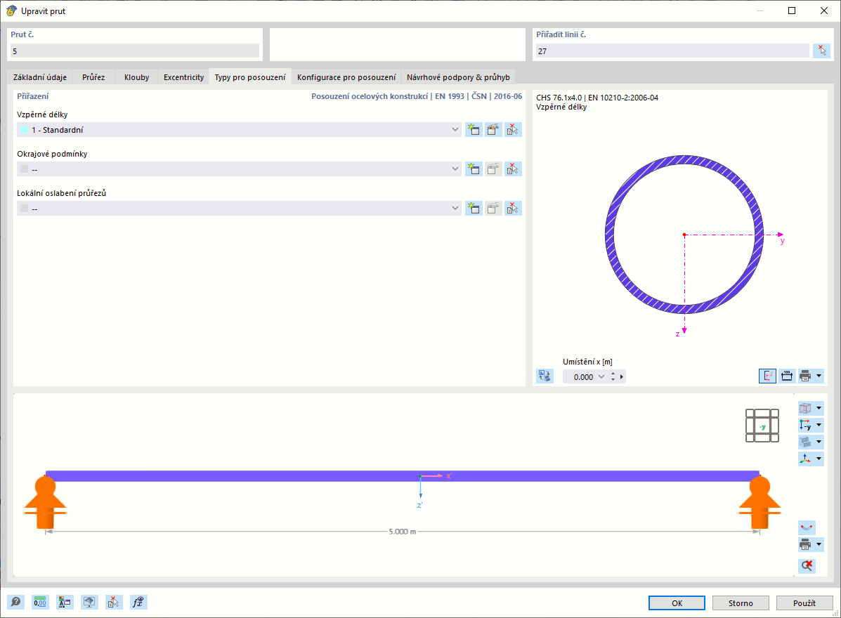 Přiřazení typu vzpěrné délky prutu v dialogovém okně