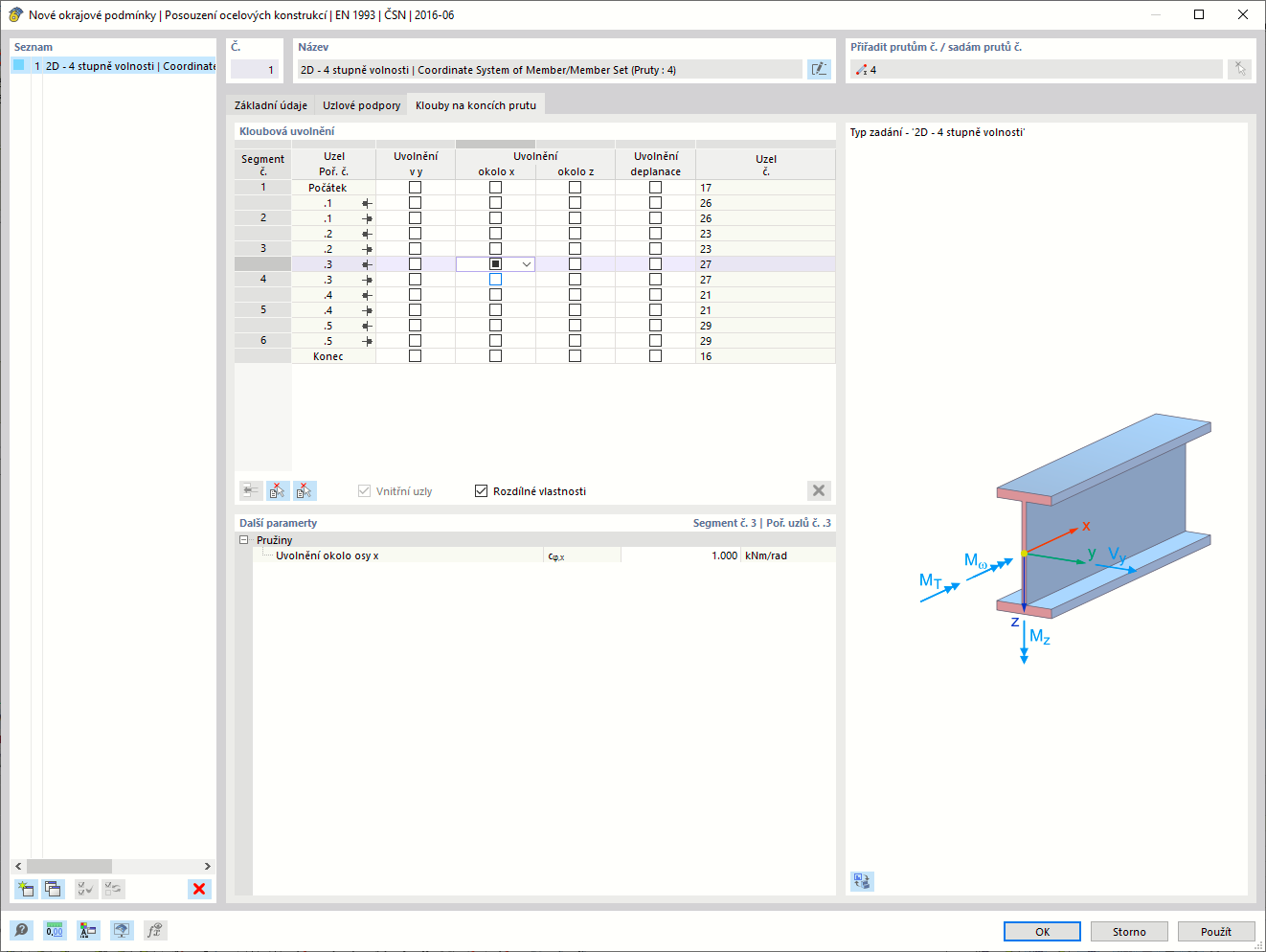 Definice kloubů na koncích prutů