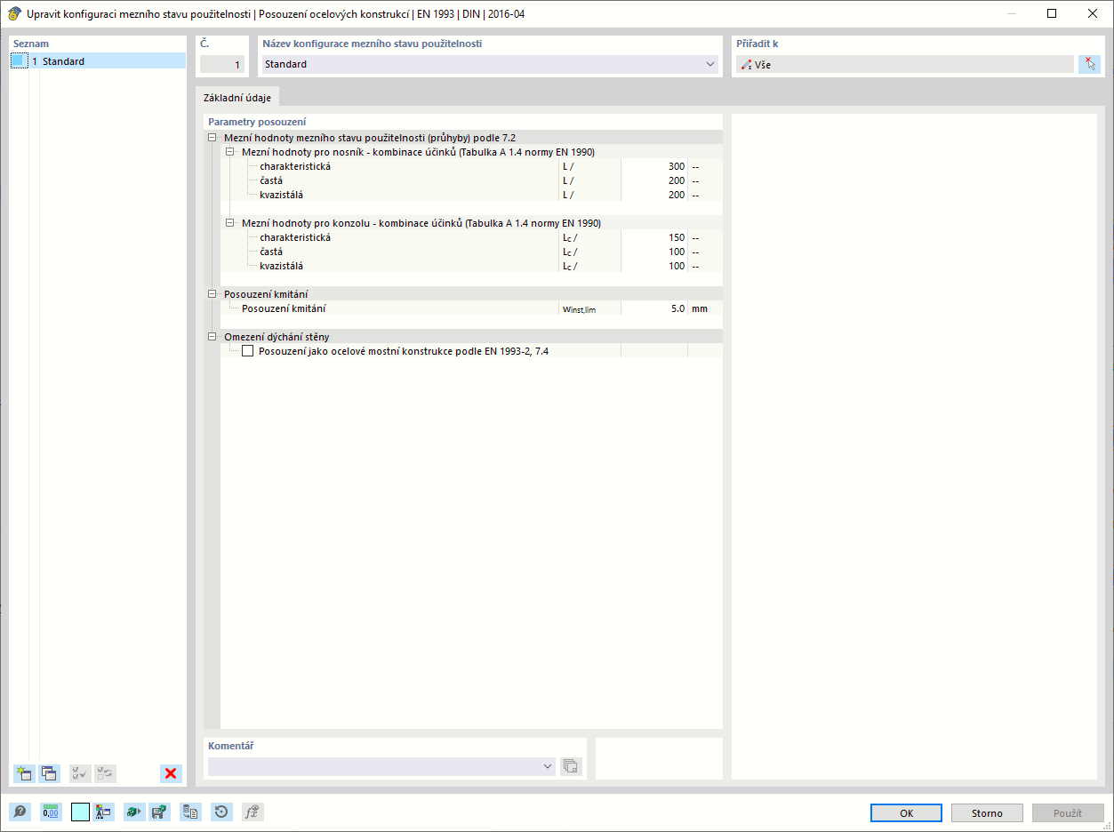 Dialogové okno "Upravit konfiguraci mezního stavu použitelnosti" pro posouzení ocelových konstrukcí podle EN 1993