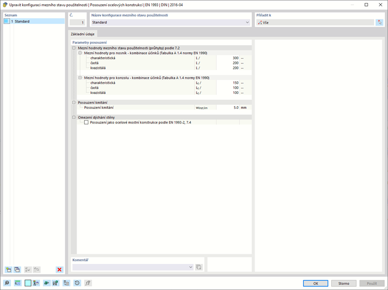 Dialogové okno "Upravit konfiguraci mezního stavu použitelnosti" pro posouzení ocelových konstrukcí podle EN 1993