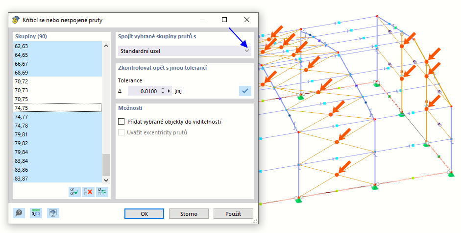 Výsledek kontroly modelu na křížící se pruty