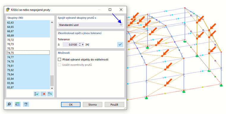 Výsledek kontroly modelu na křížící se pruty