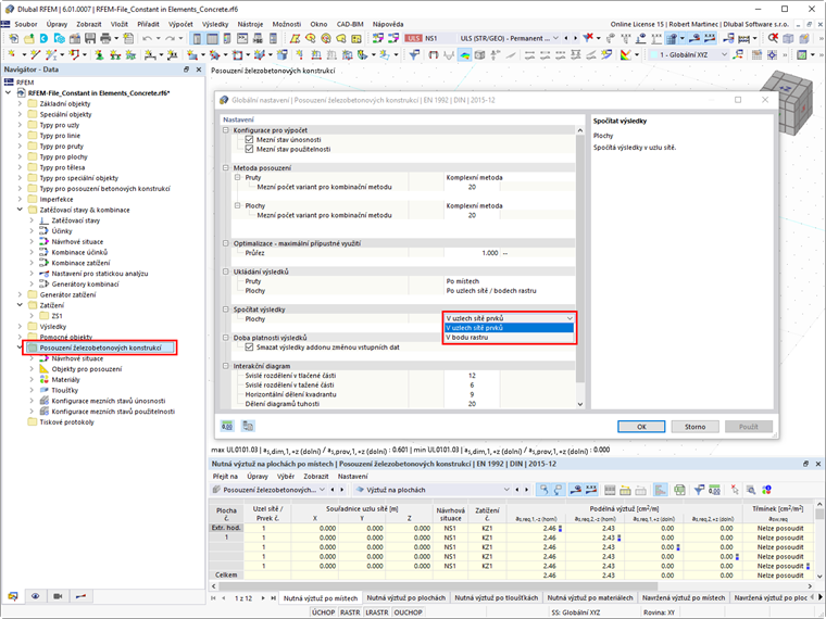 FAQ 005125 | Kann ich die erforderliche Bewehrung in den Ergebnistabellen auf von "Netzpunkte" auf "Rasterpunkte" umschalten?