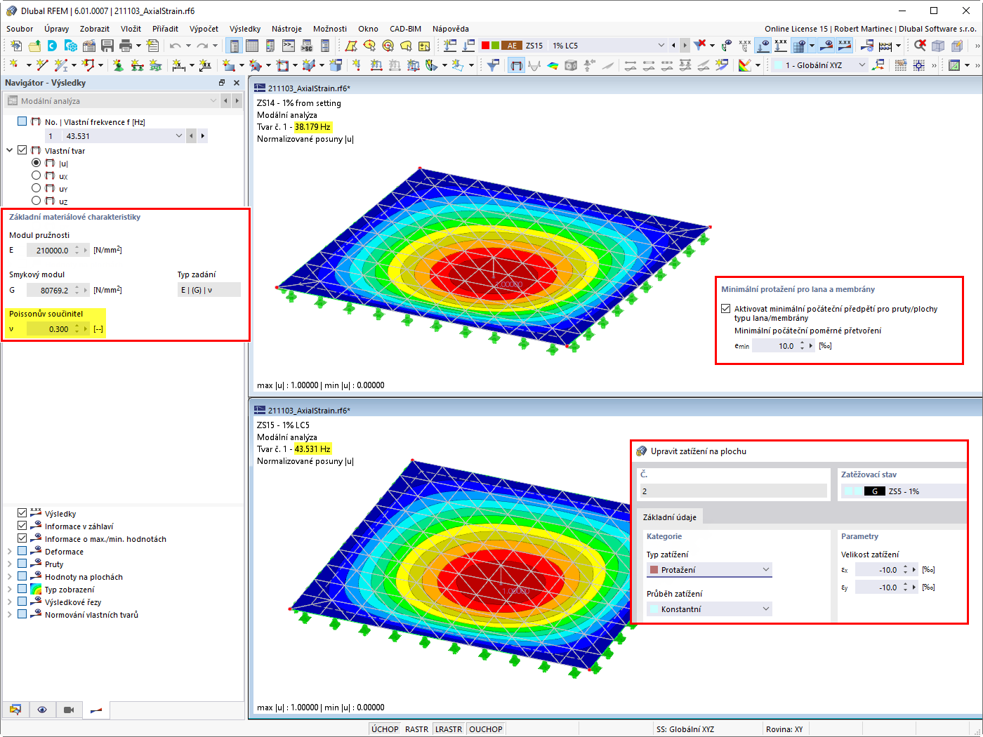 FAQ 005126 | Proč se výsledky modální analýzy liší při zadání počátečního předpětí a zatížení na plochu?