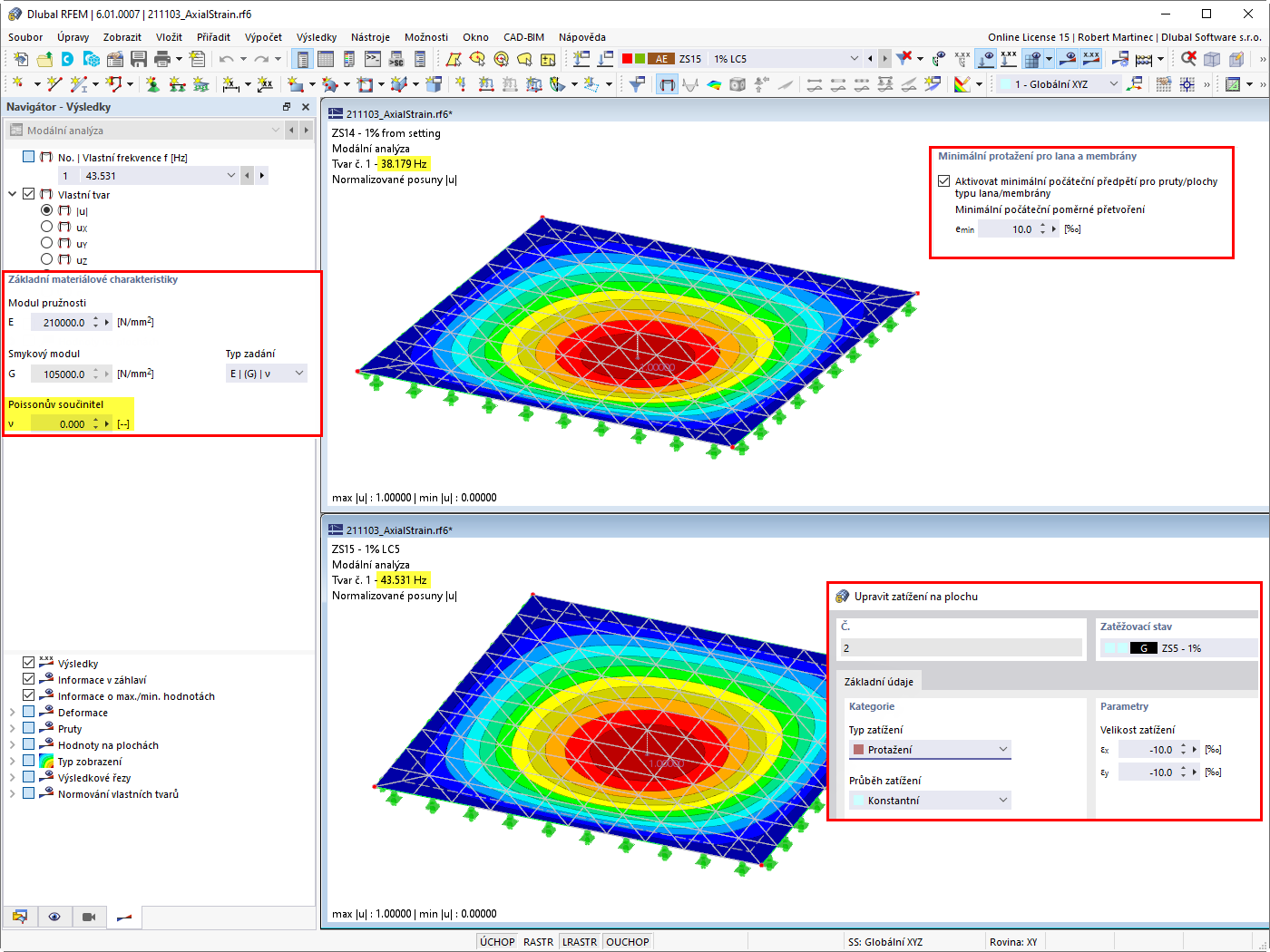 FAQ 005126 | Proč se výsledky modální analýzy liší při zadání počátečního předpětí a zatížení na plochu?