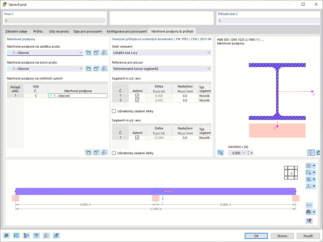 Dialogové okno pro úpravu prutů se zaměřením na nastavení průhybu.