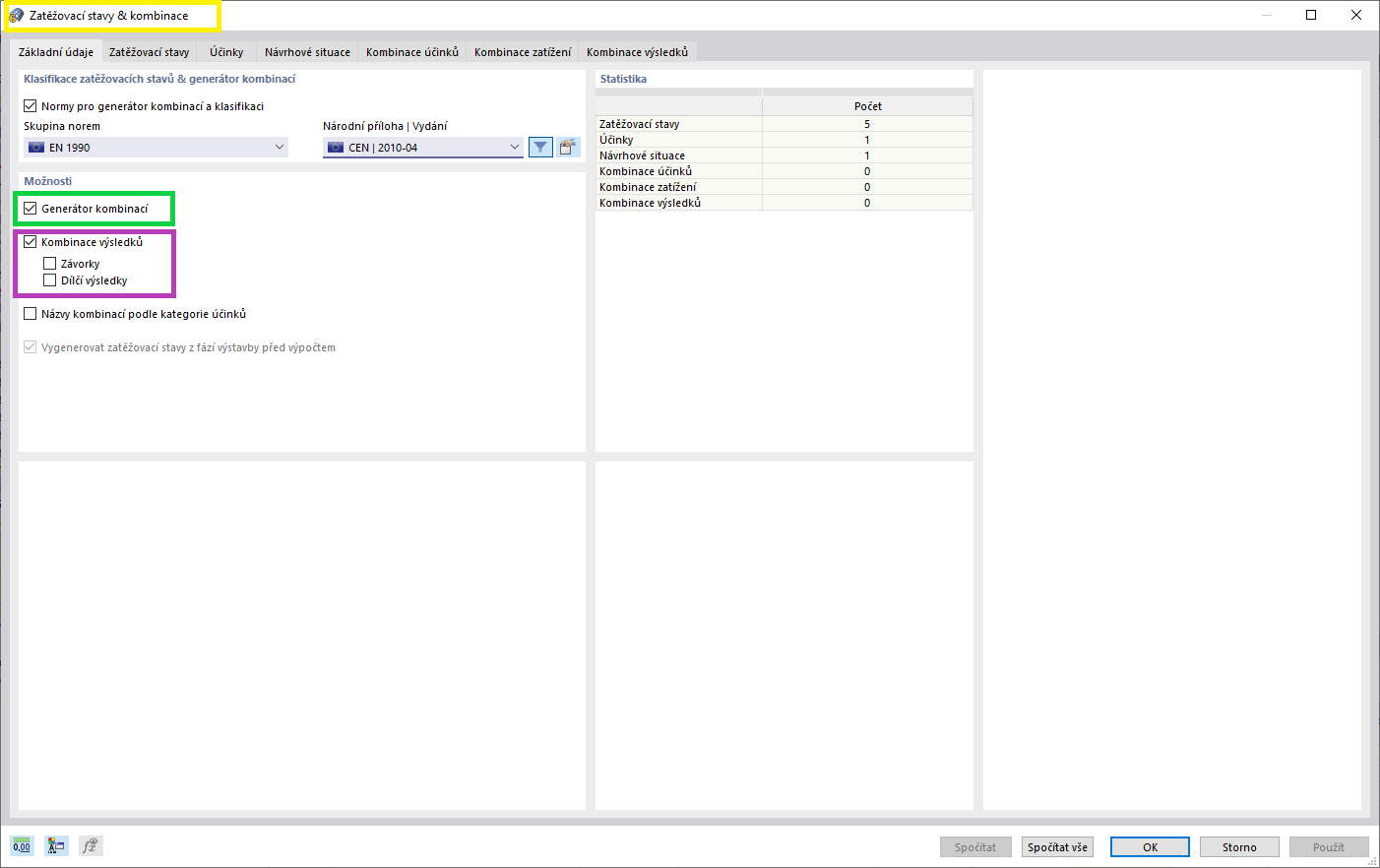 Generátor kombinací v programu RFEM 6