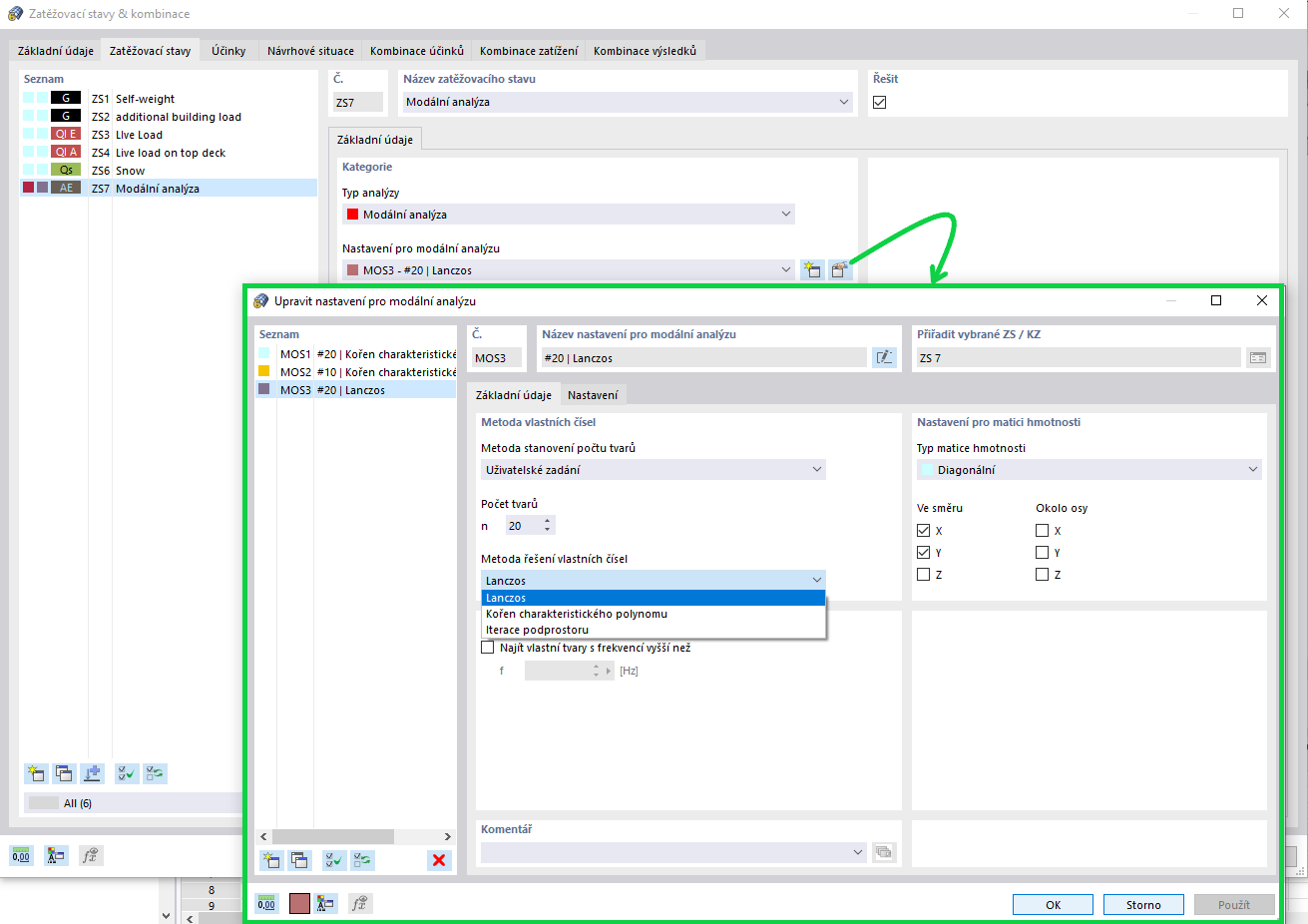 Nastavení pro modální analýzu