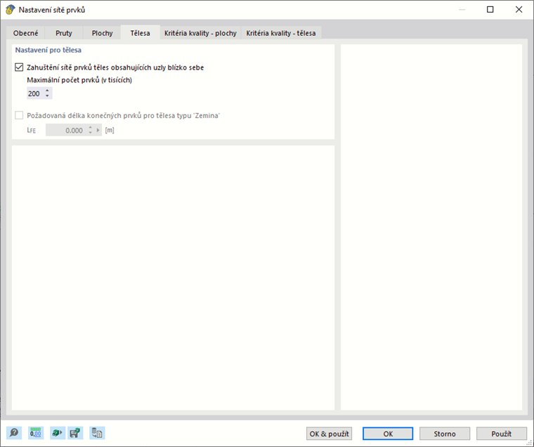 Dialog 'Nastavení sítě', záložka 'Tělesa'