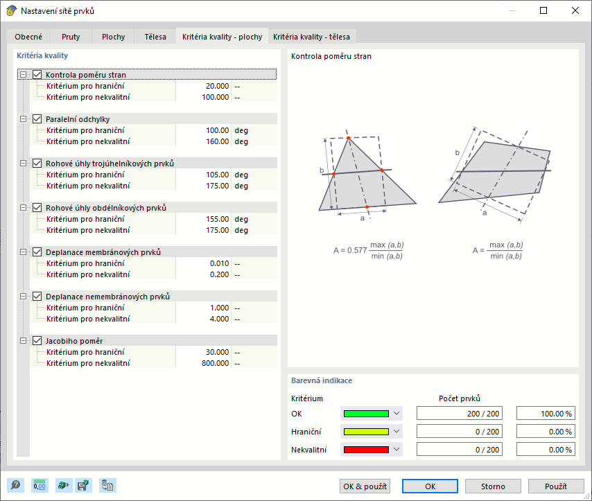 Dialog "Nastavení sítě", záložka "Kritéria kvality - Plochy"
