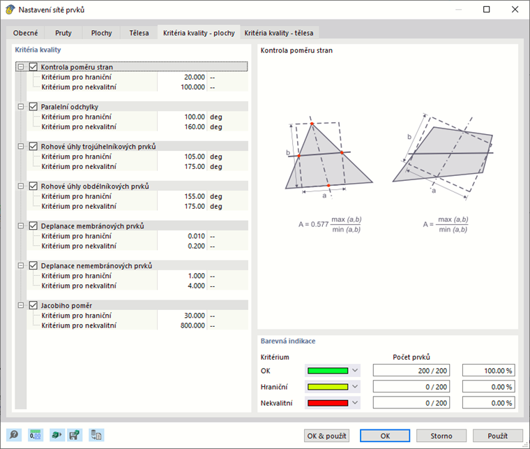 Dialog "Nastavení sítě", záložka "Kritéria kvality - Plochy"
