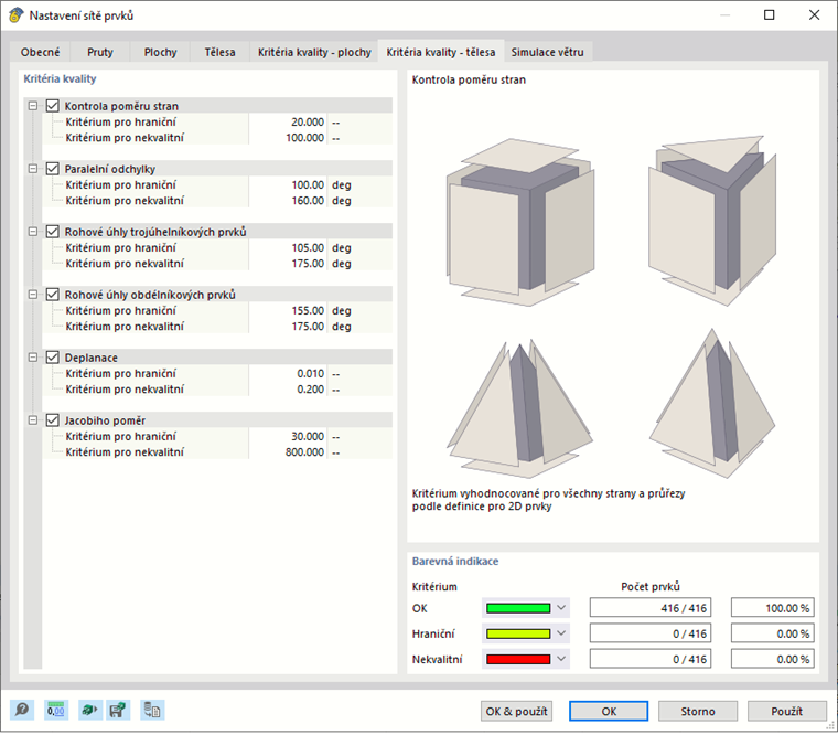 Dialog 'Nastavení sítě' v záložce 'Kritéria kvality - Tělesa'
