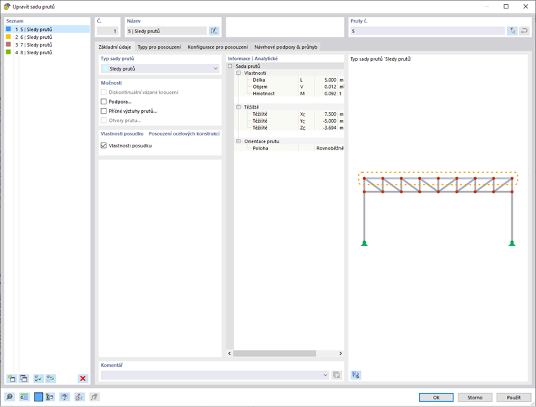 Dialog "Upravit sadu prutů", aktivované vlastnosti posouzení pro posouzení oceli