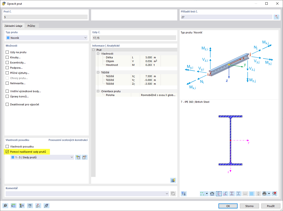 Dialog "Upravit prut", Posouzení oceli pomocí nadřazené sady prutů