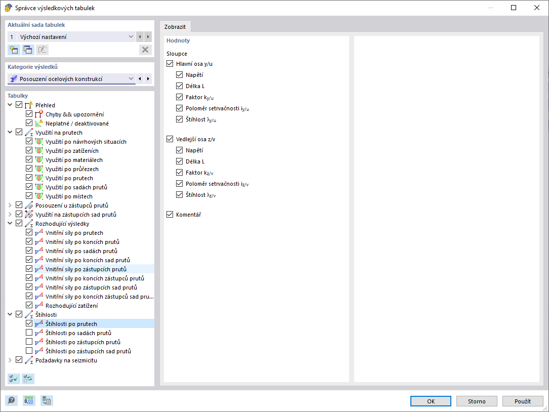 Správce tabulek výsledků pro posouzení oceli, štíhlost