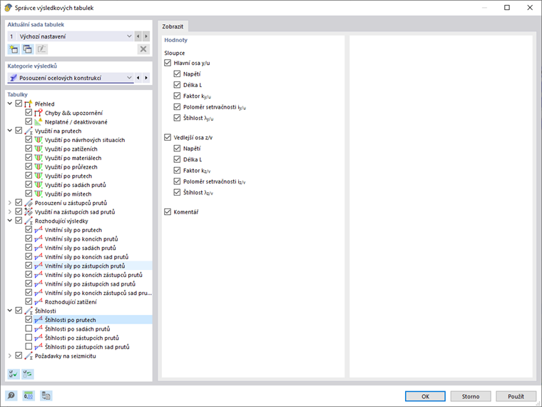 Správce tabulek výsledků pro posouzení oceli, štíhlost