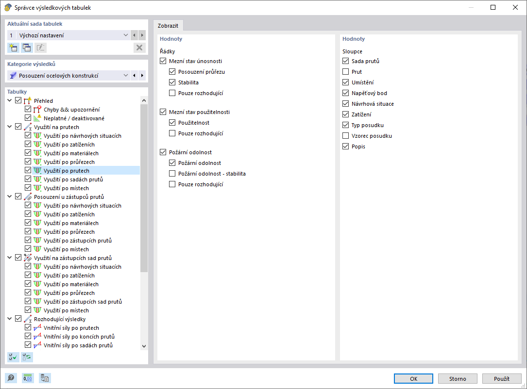 Správce tabulek výsledků pro posouzení oceli, využití po prutech