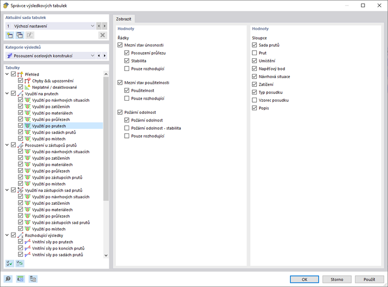 Správce tabulek výsledků pro posouzení oceli, využití po prutech