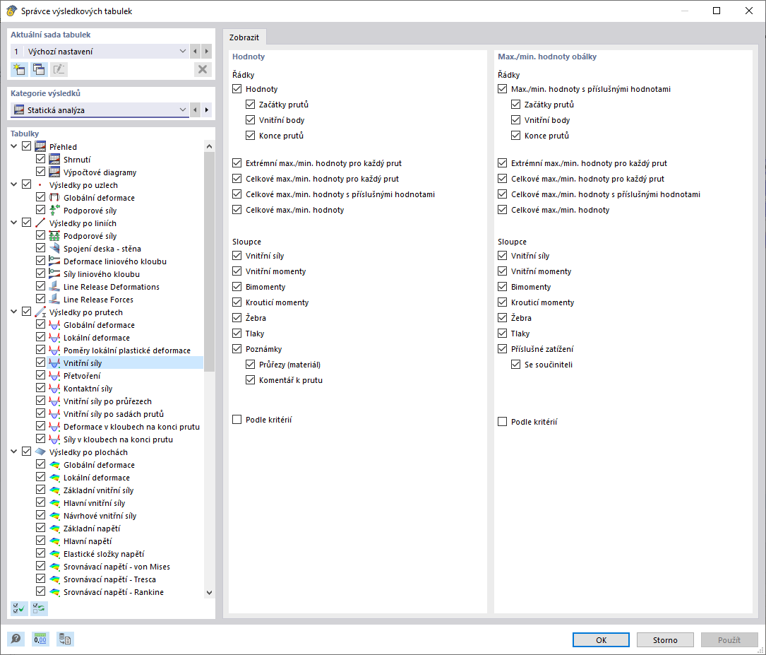 Výběr výsledků a detailů ve Správci výsledkových tabulek