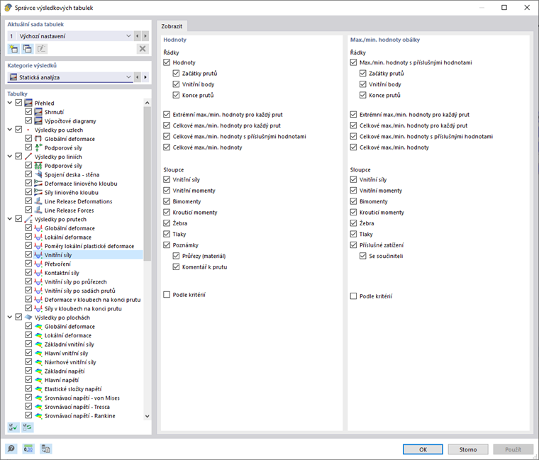 Výběr výsledků a detailů ve Správci výsledkových tabulek
