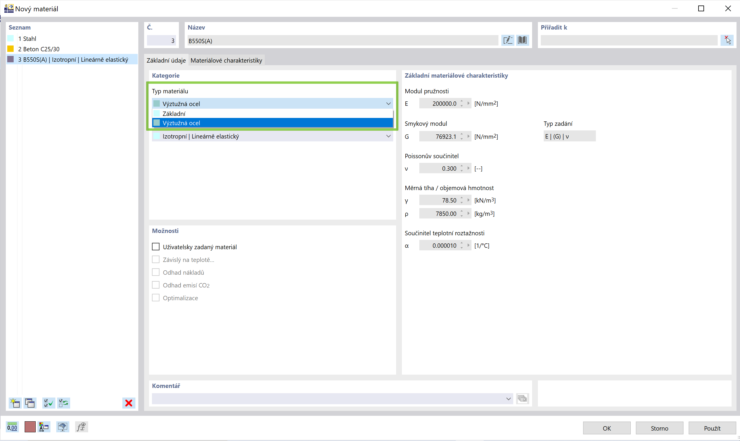 Nastavení typu materiálu