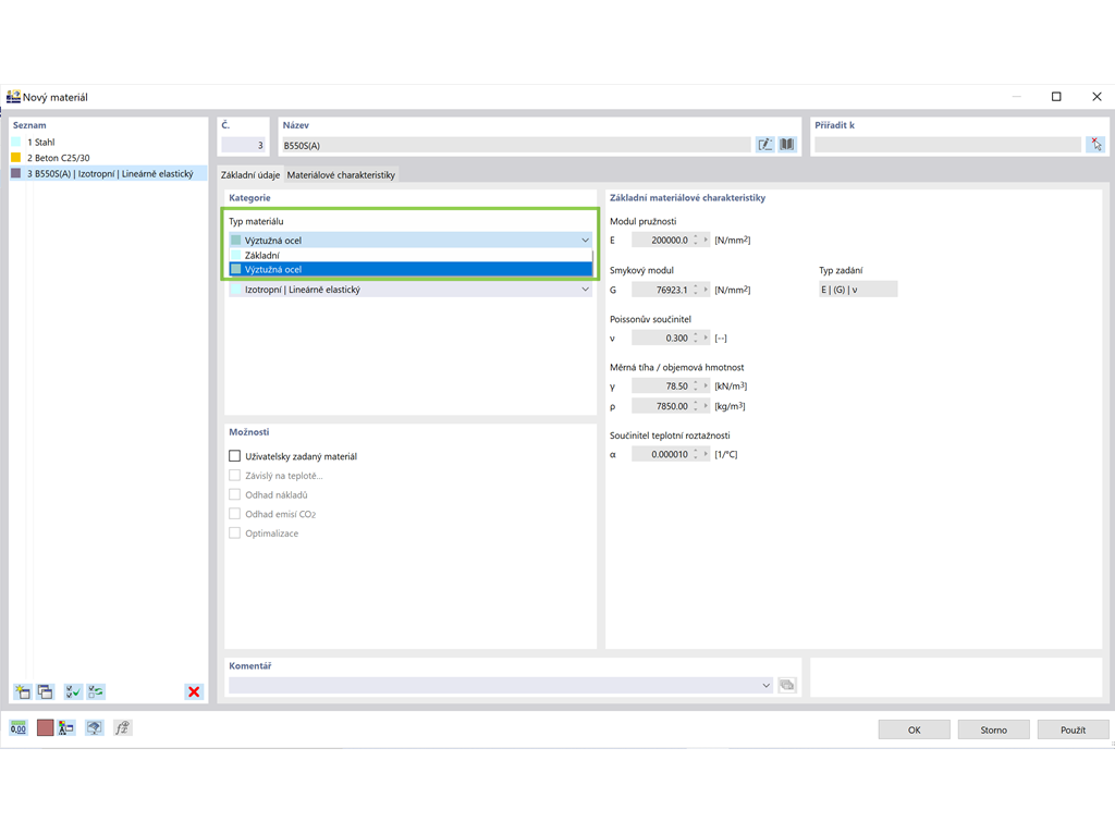Nastavení typu materiálu