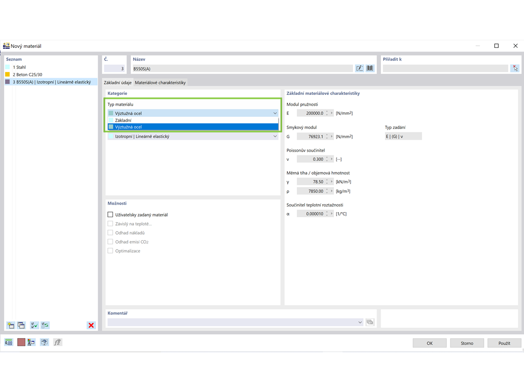 Nastavení typu materiálu