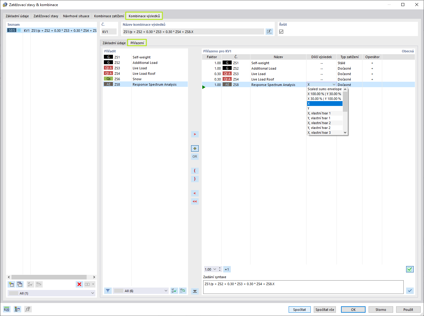 Přiřazení zatěžovacích stavů do kombinace výsledků