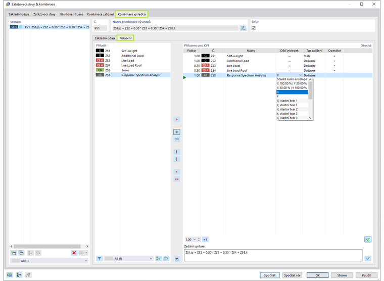 Přiřazení zatěžovacích stavů do kombinace výsledků