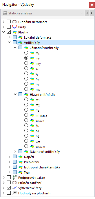 Výběr vnitřních sil na ploše v navigátoru