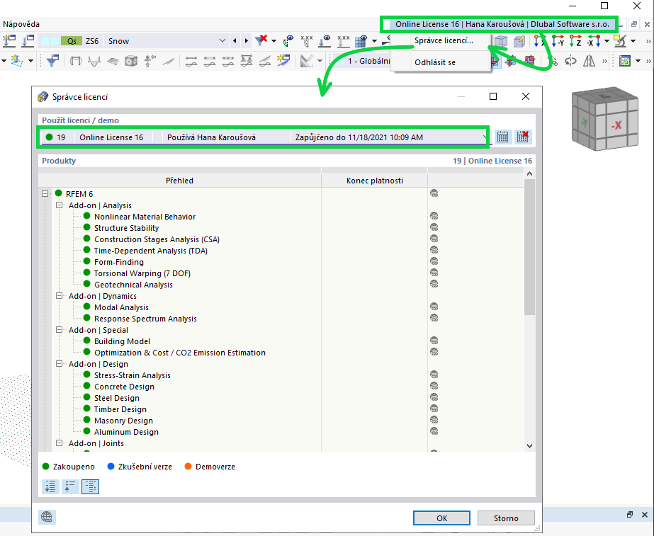 FAQ 005131 | Jak mohu v programu RFEM 6 změnit typ licence z „Demo“ na „Zkušební“ nebo „Zakoupenou“?