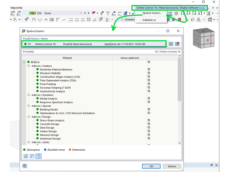 FAQ 005131 | Jak mohu v programu RFEM 6 změnit typ licence z „Demo“ na „Zkušební“ nebo „Zakoupenou“?