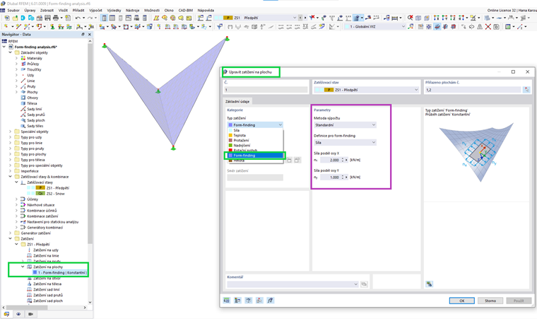 Zatížení na plochu - typ zatížení form-finding