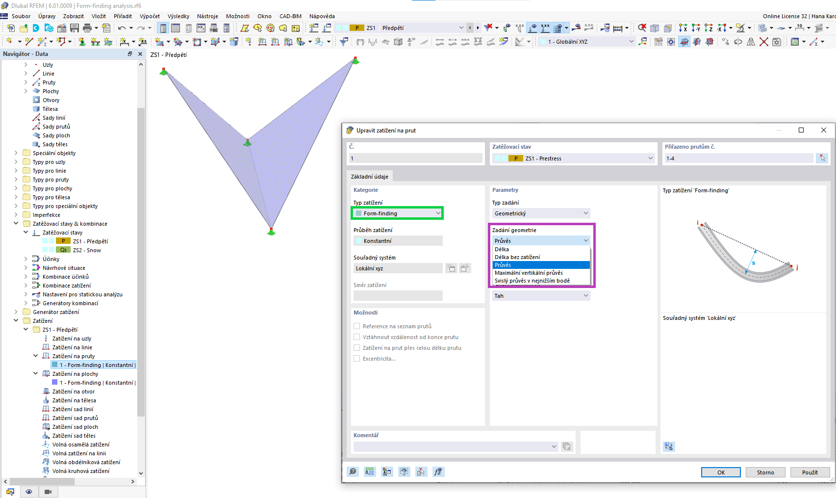 Geometrický typ zadání zatížení form-finding na prut