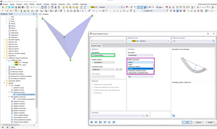 Geometrický typ zadání zatížení form-finding na prut