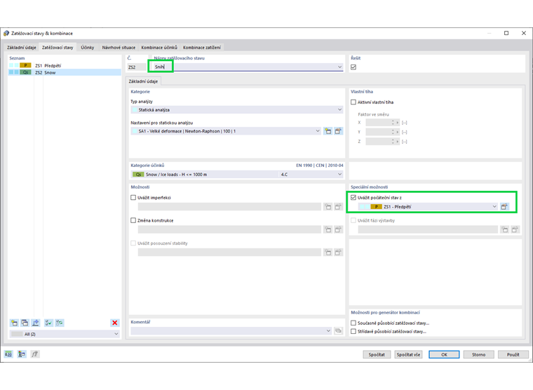 Zohlednění počátečního stavu ze zatěžovacího stavu form-finding