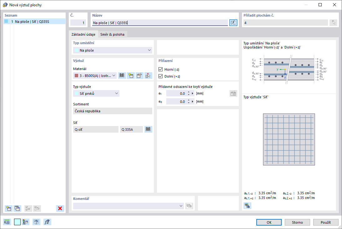 Zadání základní výztuže plochy