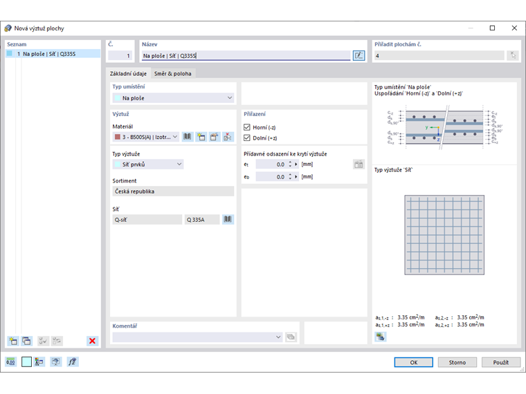 Zadání základní výztuže plochy