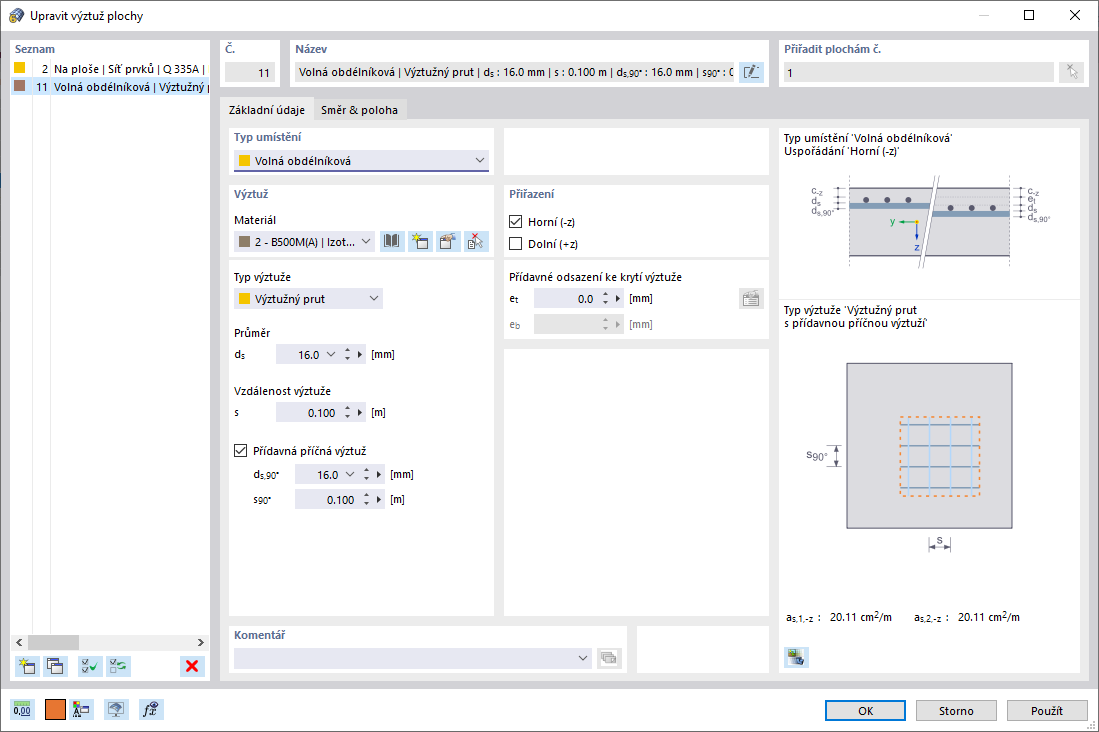 Zadání přídavné výztuže