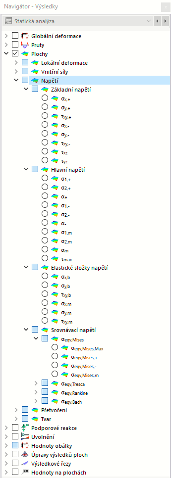 Výběr plošných napětí v navigátoru