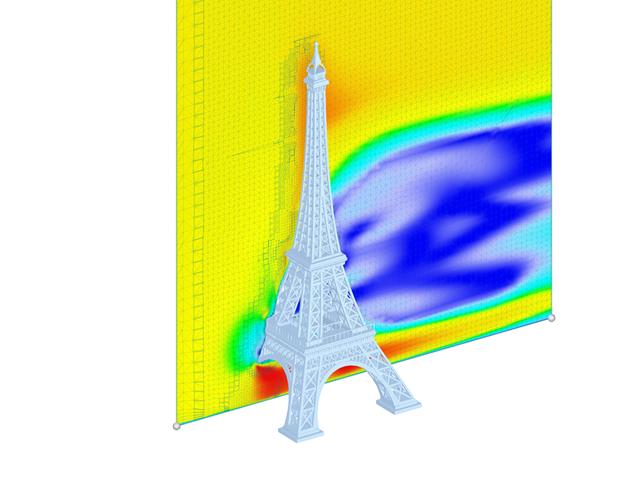 Model Eiffelovy věže se simulací větru, ukázkový model pro RWIND