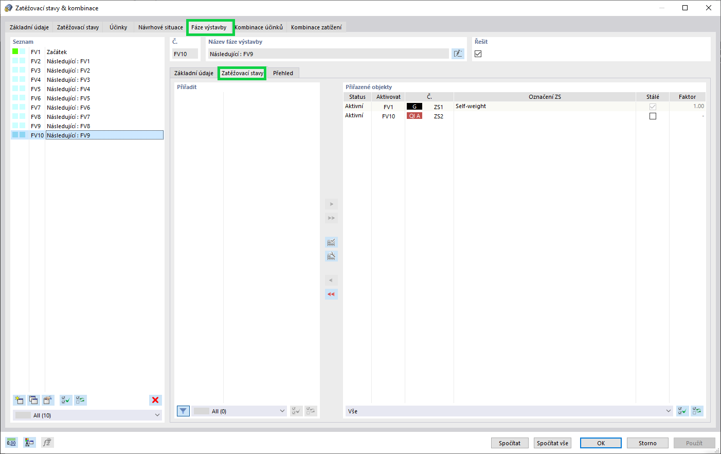 Přiřazení zatížení ve fázích výstavby
