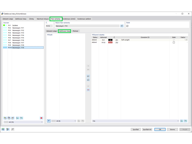 Přiřazení zatížení ve fázích výstavby