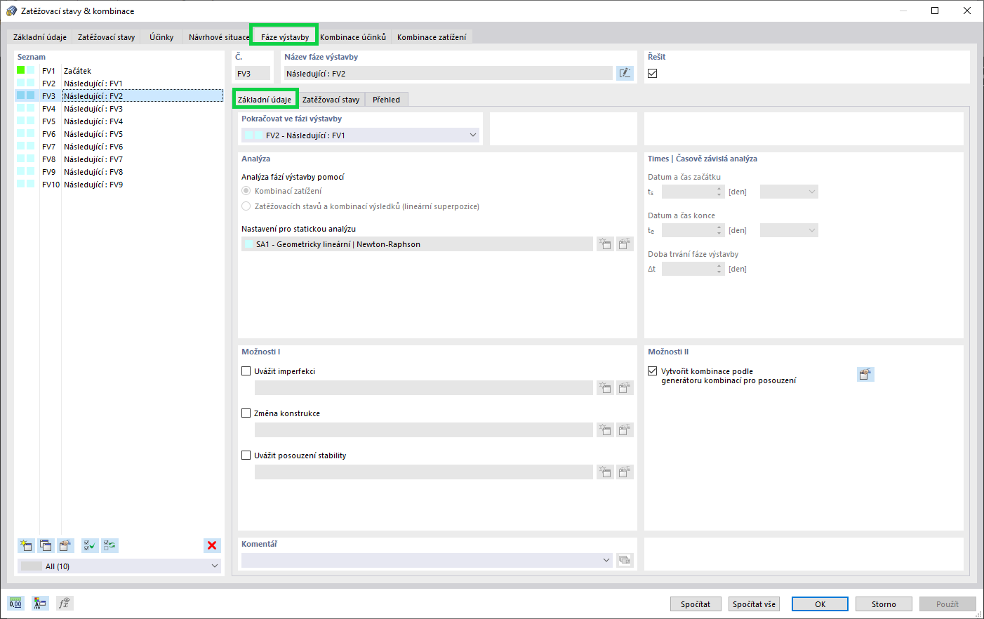 Fáze výstavby - hlavní nastavení