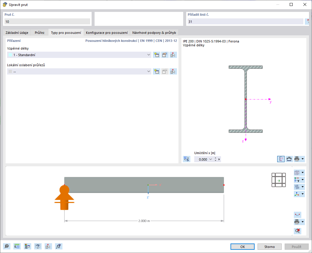 Dialog 'Upravit prut', záložka 'Typy pro posouzení' hliníkových konstrukcí
